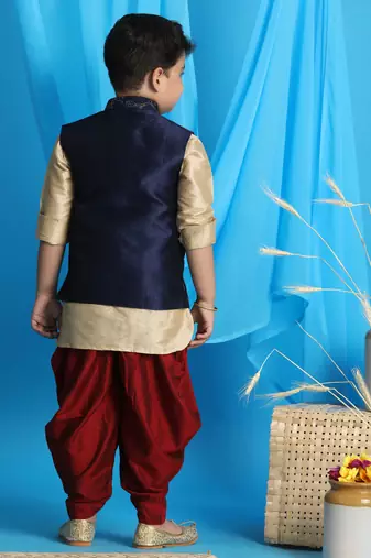 gold, navy blue and maroon jacket, kurta and dhoti set