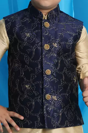 gold, navy blue and maroon jacket, kurta and dhoti set