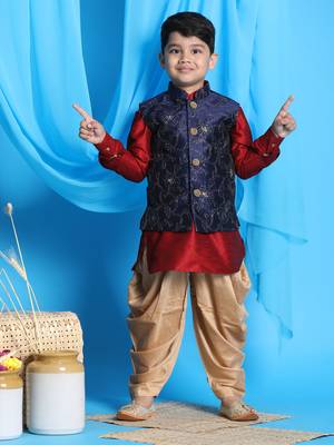 maroon, navy blue and rose gold jacket, kurta and dhoti set 1