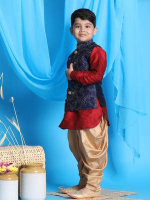 maroon, navy blue and rose gold jacket, kurta and dhoti set 2