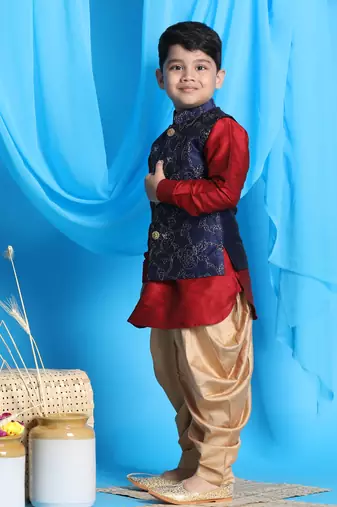 maroon, navy blue and rose gold jacket, kurta and dhoti set