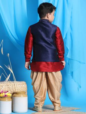 maroon, navy blue and rose gold jacket, kurta and dhoti set 3