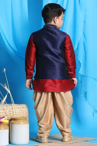 maroon, navy blue and rose gold jacket, kurta and dhoti set