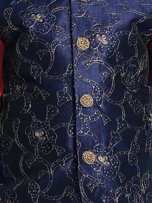 maroon, navy blue and rose gold jacket, kurta and dhoti set 4