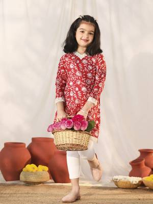  girls' red kurta leggings set 1