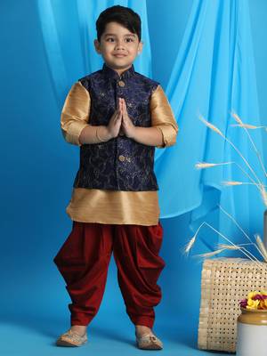 rose gold, navy blue and maroon jacket, kurta and dhoti set 1