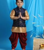 rose gold, navy blue and maroon jacket, kurta and dhoti set