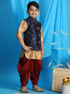 rose gold, navy blue and maroon jacket, kurta and dhoti set 2