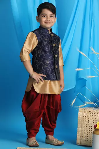 rose gold, navy blue and maroon jacket, kurta and dhoti set