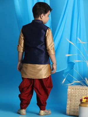 rose gold, navy blue and maroon jacket, kurta and dhoti set 3