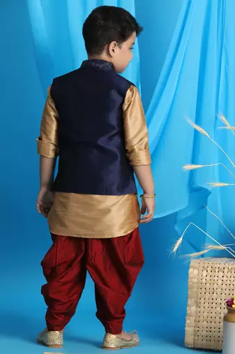 rose gold, navy blue and maroon jacket, kurta and dhoti set