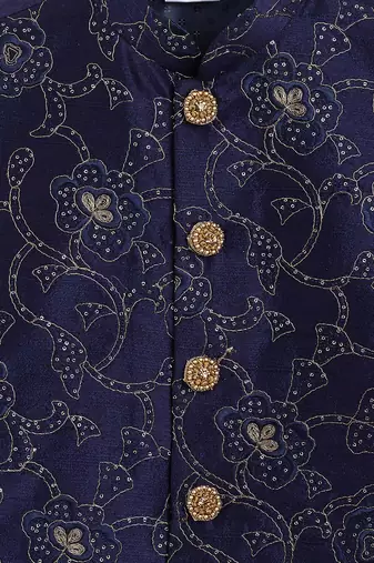 rose gold, navy blue and maroon jacket, kurta and dhoti set