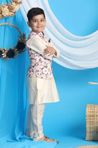 pink and cream jacket, kurta and pyjama set
