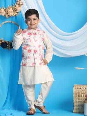 peach and cream jacket, kurta and pyjama set 1