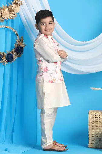 peach and cream jacket, kurta and pyjama set