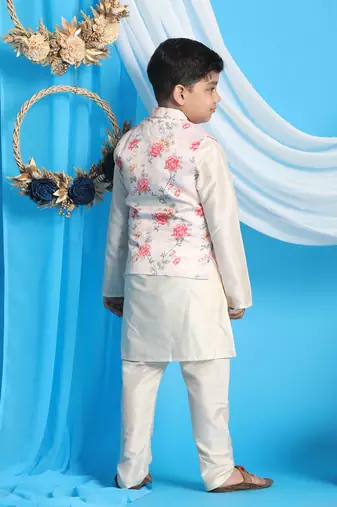 peach and cream jacket, kurta and pyjama set