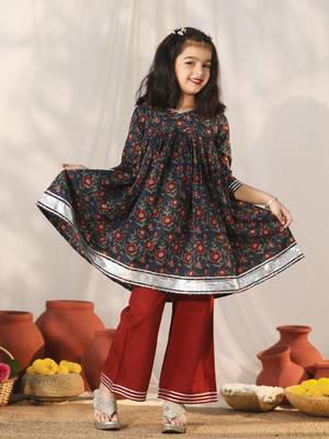  girls' navy blue and rust kurta palazzo set 1