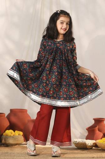  girls' navy blue and rust kurta palazzo set