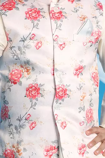 peach and cream jacket, kurta and pyjama set