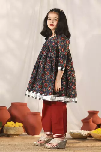  girls' navy blue and rust kurta palazzo set