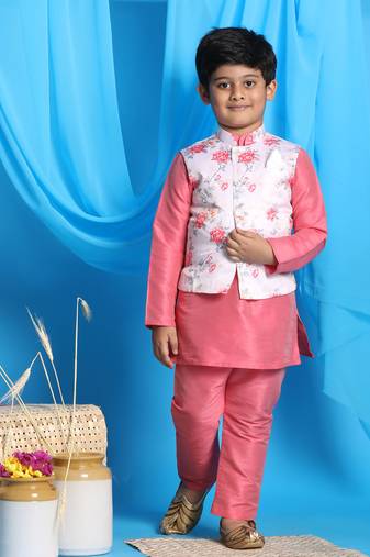  boys' peach jacket, kurta and pyjama set