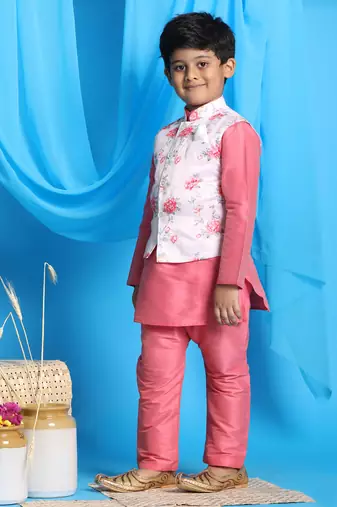 peach jacket, kurta and pyjama set