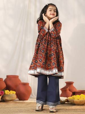  girls' navy blue and rust kurta palazzo set 1