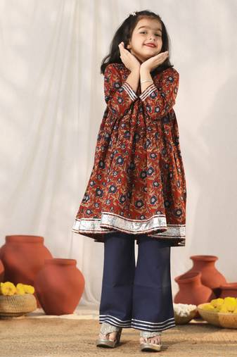  girls' navy blue and rust kurta palazzo set