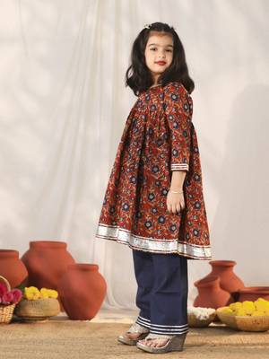  girls' navy blue and rust kurta palazzo set 2