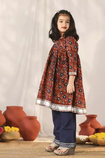  girls' navy blue and rust kurta palazzo set