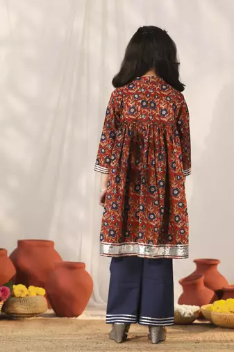  girls' navy blue and rust kurta palazzo set