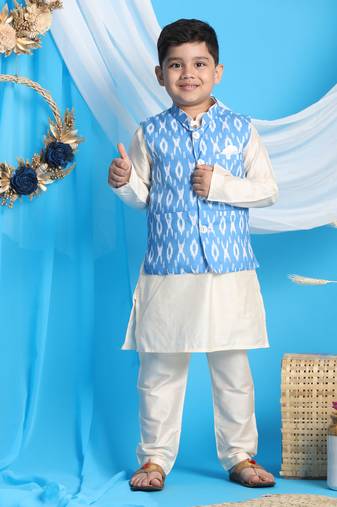  boys' aqua and cream jacket, kurta and pyjama set