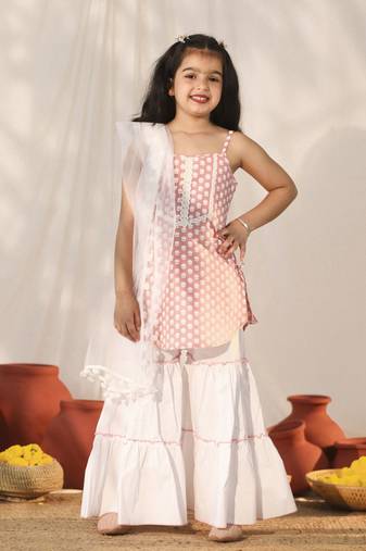  girls' pink and white kurta, sharara and dupatta set