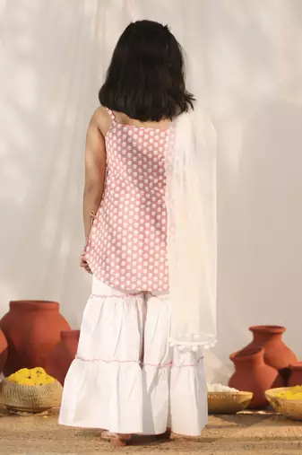  girls' pink and white kurta, sharara and dupatta set