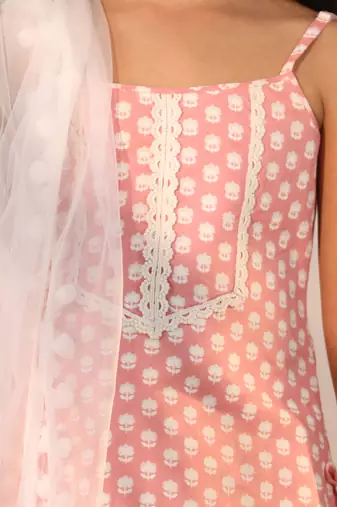  girls' pink and white kurta, sharara and dupatta set