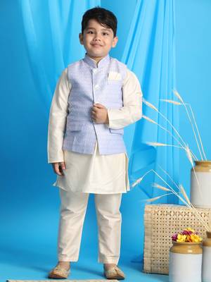 blue and cream nehru jacket, kurta and pyjama set 1