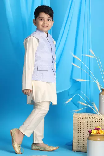 blue and cream nehru jacket, kurta and pyjama set