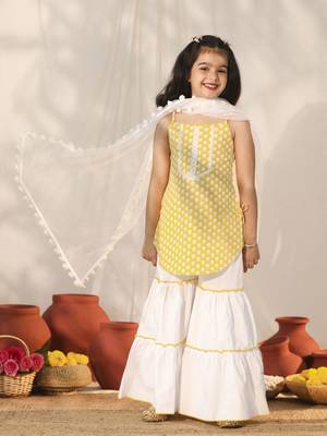  girls' yellow and white kurta, sharara and dupatta set 1