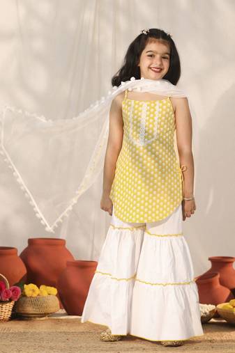  girls' yellow and white kurta, sharara and dupatta set