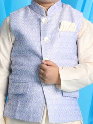 blue and cream nehru jacket, kurta and pyjama set 4