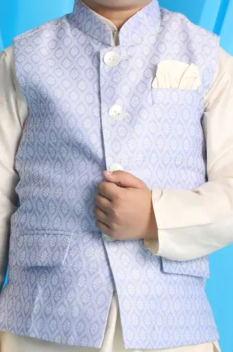 blue and cream nehru jacket, kurta and pyjama set