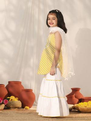  girls' yellow and white kurta, sharara and dupatta set 2
