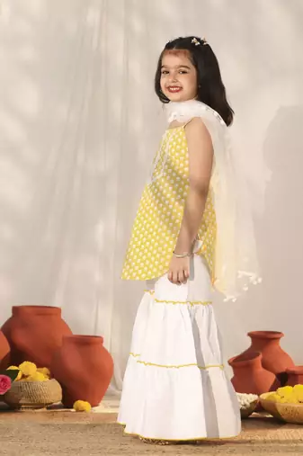  girls' yellow and white kurta, sharara and dupatta set