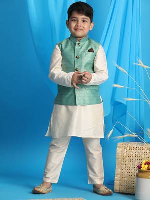green and cream nehru jacket, kurta and pyjama set 1