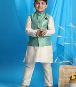 green and cream nehru jacket, kurta and pyjama set
