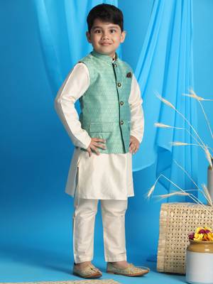 green and cream nehru jacket, kurta and pyjama set 2