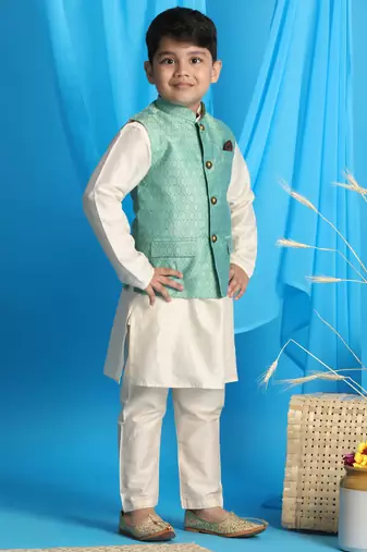 green and cream nehru jacket, kurta and pyjama set
