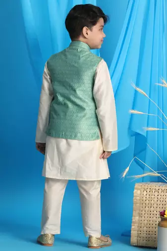 green and cream nehru jacket, kurta and pyjama set