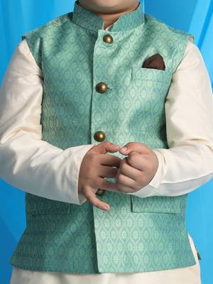green and cream nehru jacket, kurta and pyjama set 4