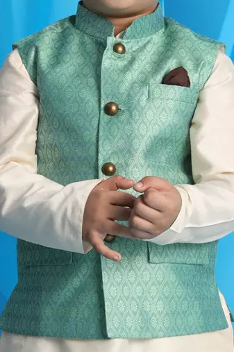 green and cream nehru jacket, kurta and pyjama set
